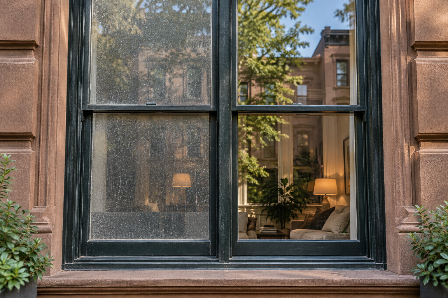 Illustrative comparison of a window before and after cleaning